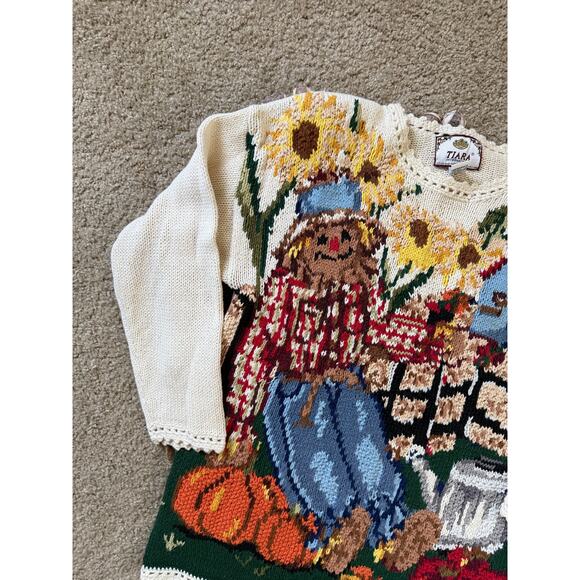 Vintage Y2K 90s Tiara Knit Fall Scarecrow Pumpkin Patch Sunflower Farm Sweater - Picture 2 of 9